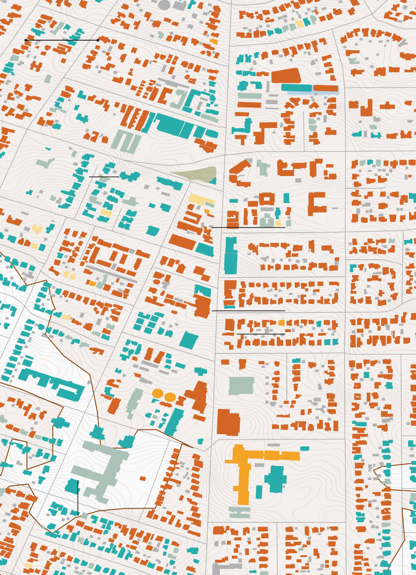 Map of damaged and destroyed buildings near along North Lake Avenue in Altadena. Businesses include a hardware store, a pet store, restaurants and the Bunny Museum.